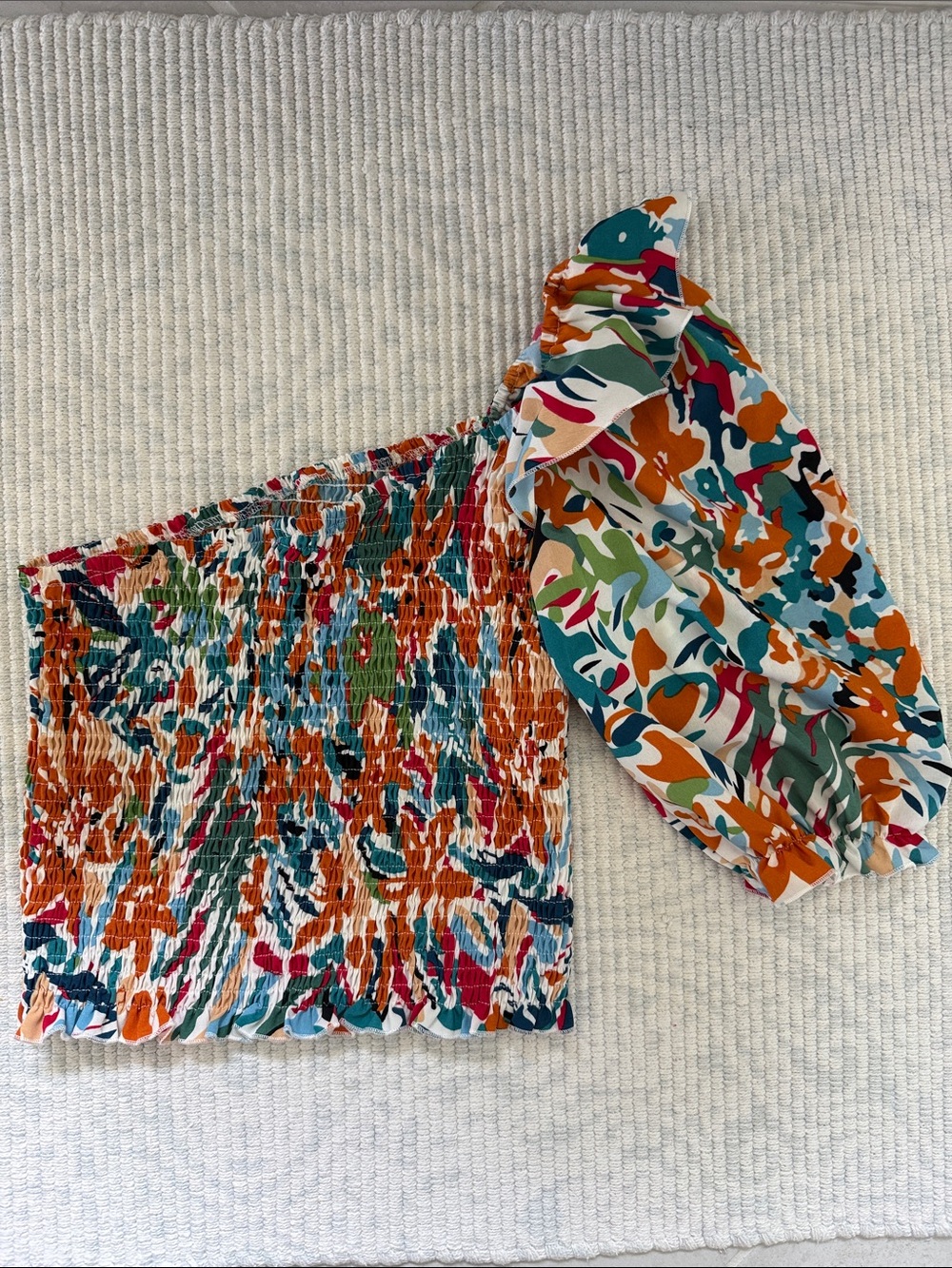 Smocked One-Shoulder Shirt in Multicolor